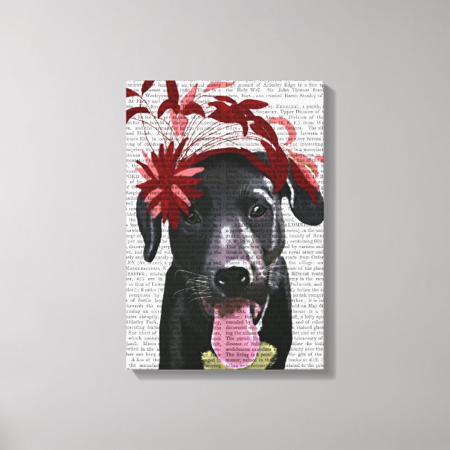 Black Labrador With Red Fascinator Canvas Print (Front)