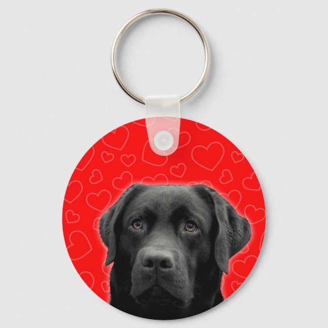 Black Labrador with Red Hearts Key Ring (Front)