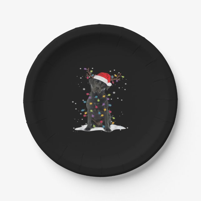 Black Labrador Xmas Dog Christmas Tree Light Class Paper Plate (Front)