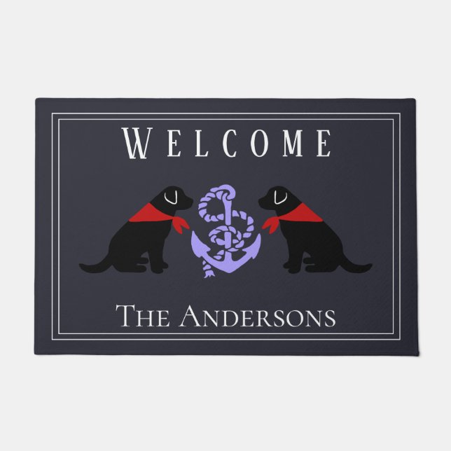 Black Labradors and Anchor Nautical Large Doormat (Front)