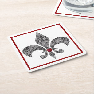 Black Lace 1 Fleur De Lis Square Paper Coaster