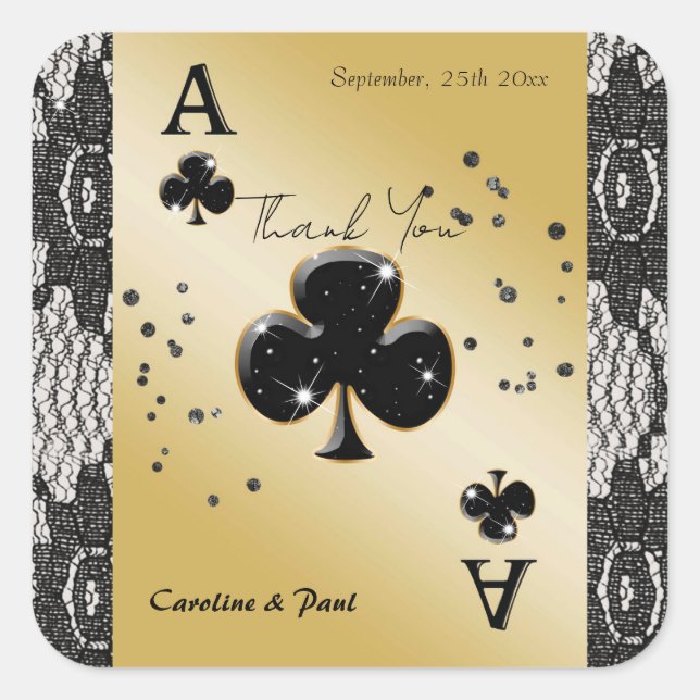 Black Lace, Ace of Clubs, Black Glitter Thanks Square Sticker (Front)