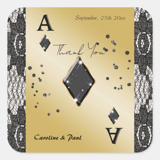 Black Lace, Ace of Diamonds, Black Glitter Thanks Square Sticker (Front)
