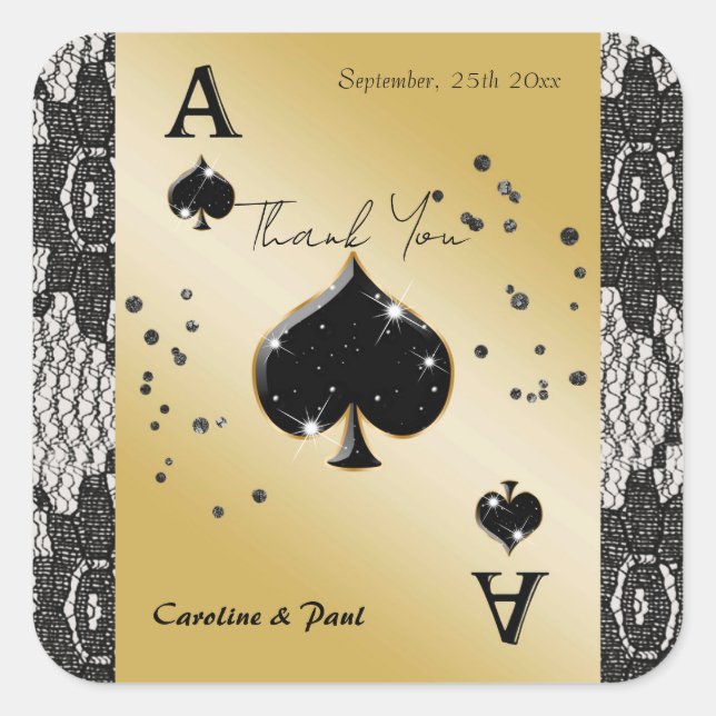 Black Lace, Ace of Spades, Black Glitter Thanks Square Sticker (Front)