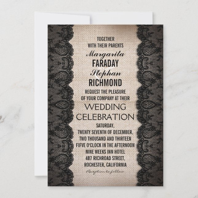 black lace and rustic burlap wedding invitations (Front)