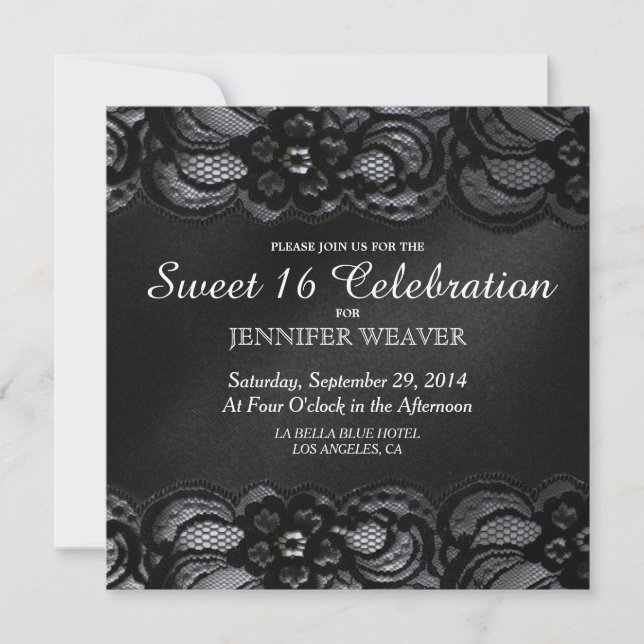 Black Lace and Satin Sweet 16 Celebration Party Invitation (Front)