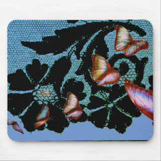 BLACK LACE ANTIQUE PATTERN BUTTERFLIES MOUSE PAD