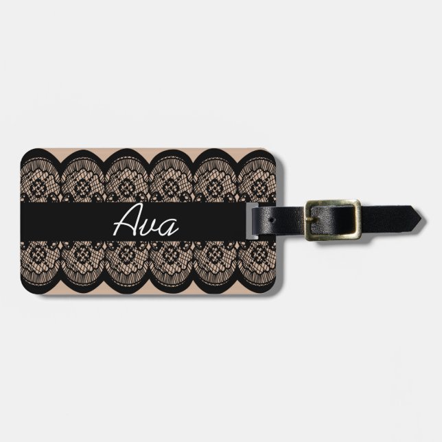 Black Lace Band Custom Monogram Luggage Tag (Front Horizontal)