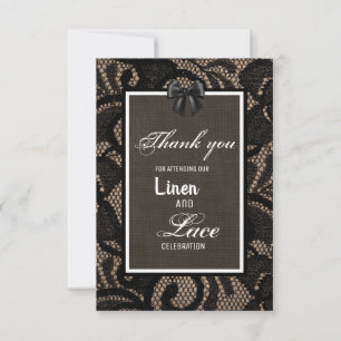 Black lace, burlap, linen custom wedding  thank you card