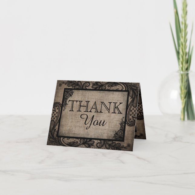 Black Lace Burlap Modern Goth Thank You Card (Front)
