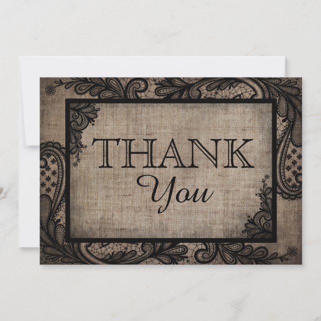 Black Lace Burlap Modern Goth Thank You Card (Front)