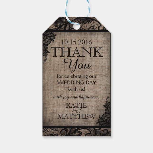 Black Lace Burlap Modern Goth Thank You Tag (Front)