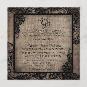 Black Lace Burlap Modern Goth Wedding Invitation