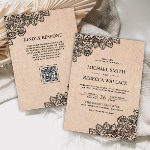 Black Lace Burlap QR Code Wedding Invitation