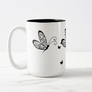 Black Lace Butterflies 1 Two-Tone Coffee Mug