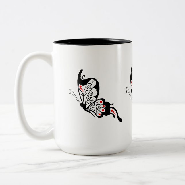 Black Lace Butterflies 2 Two-Tone Coffee Mug (Left)