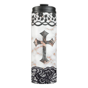 Black Lace Cross on Marble Thermal Tumbler
