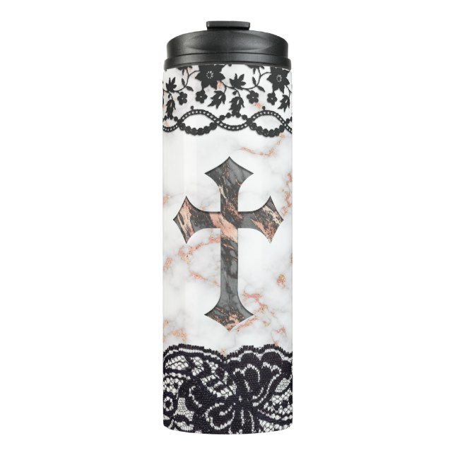 Black Lace Cross on Marble Thermal Tumbler (Front)