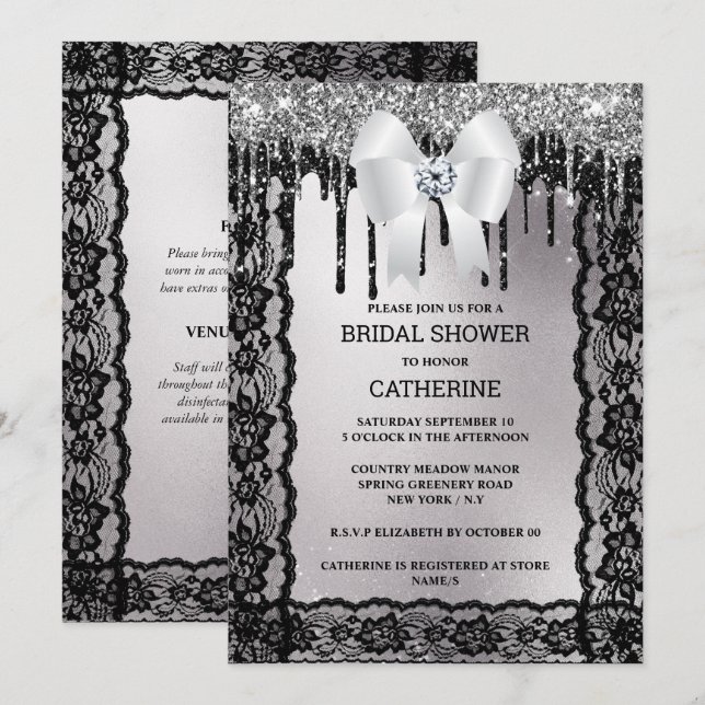 Black lace diamond bow silver glitter elegant chic invitation (Front/Back)