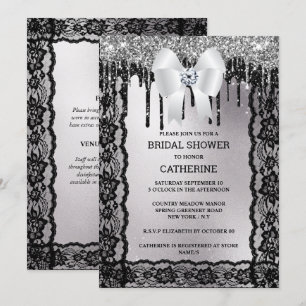 Black lace diamond bow silver glitter elegant chic invitation