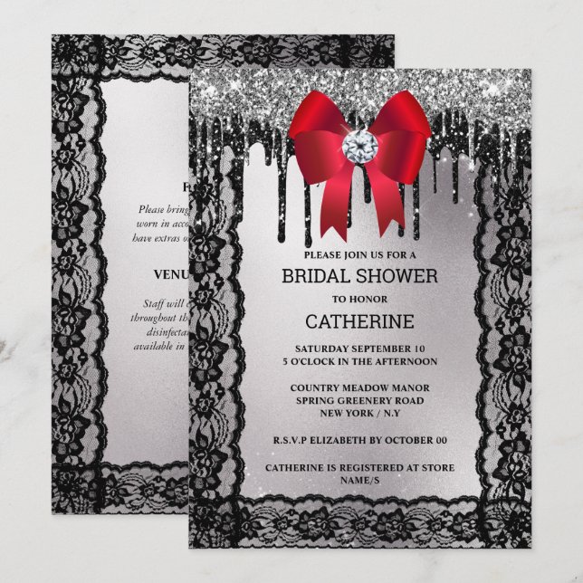 Black lace diamond red bow silver glitter elegant invitation (Front/Back)