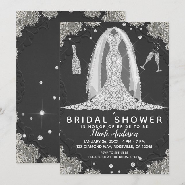 Black & Lace Diamond Wedding Dress Bridal Shower Invitation (Front/Back)