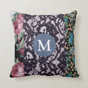 Black Lace Floral Fabric Denim Monogram Cushion