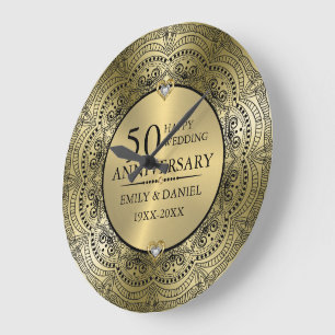 Black lace & gold 50th wedding anniversary large clock