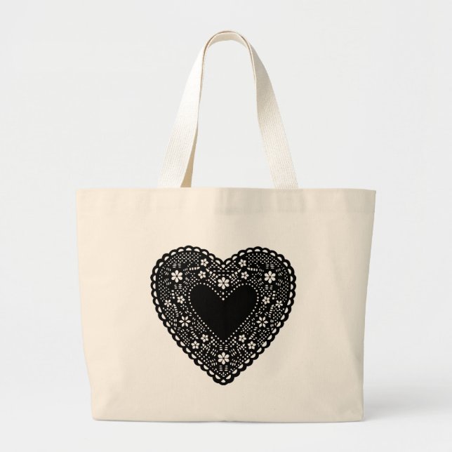 Black Lace Heart Large Tote Bag (Front)