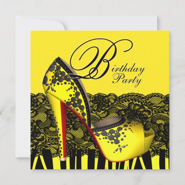 Black Lace High Heel Shoes Yellow Birthday Party Invitation (Front)