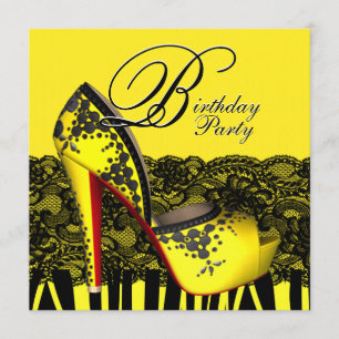 Black Lace High Heel Shoes Yellow Birthday Party Invitation
