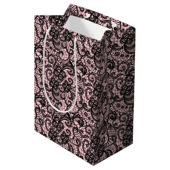 Black Lace on Blush Pink Medium Gift Bag (Back Angled)