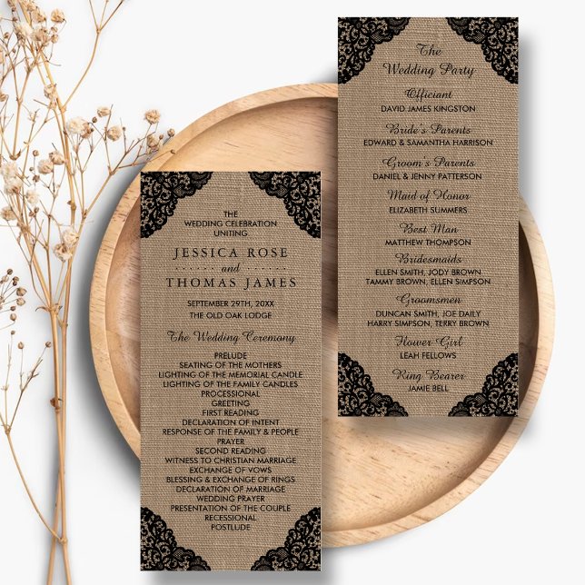 Black Lace On Rustic Burlap Wedding Program Rack Card (Creator Uploaded)