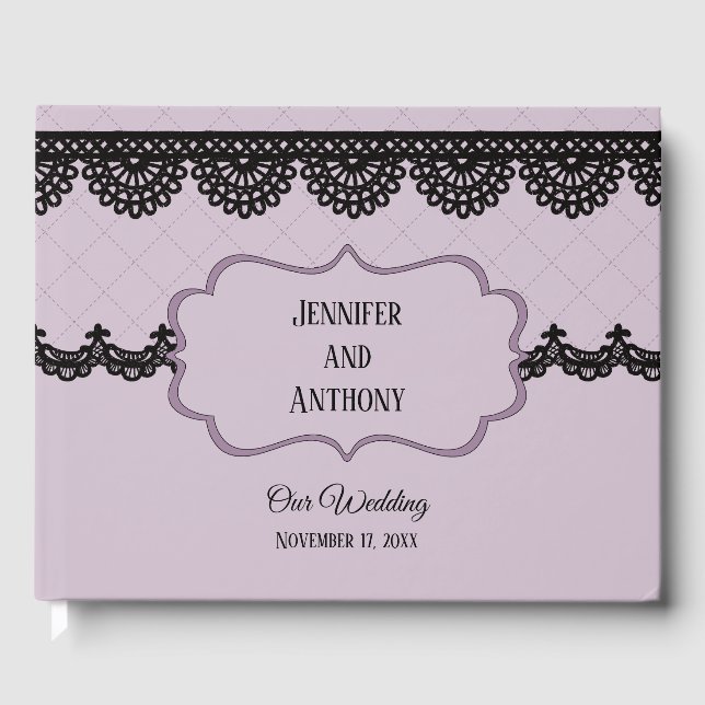 Black Lace on Soft Lavender Custom Wedding Guest Book (Front)