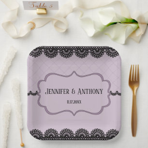 Black Lace on Soft Lavender Custom Wedding Paper Plate