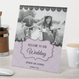 Black Lace on Soft Lavender Custom Wedding Pedestal Sign