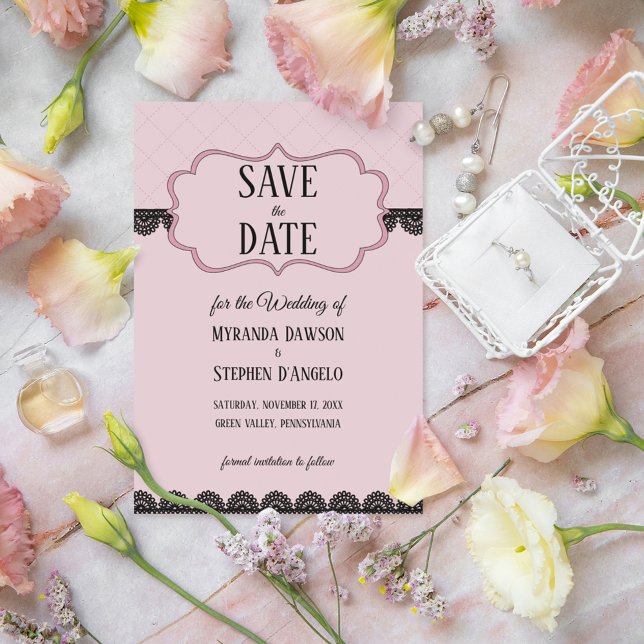 Black Lace on Soft Pink Custom Save the Date Invitation (Creator Uploaded)