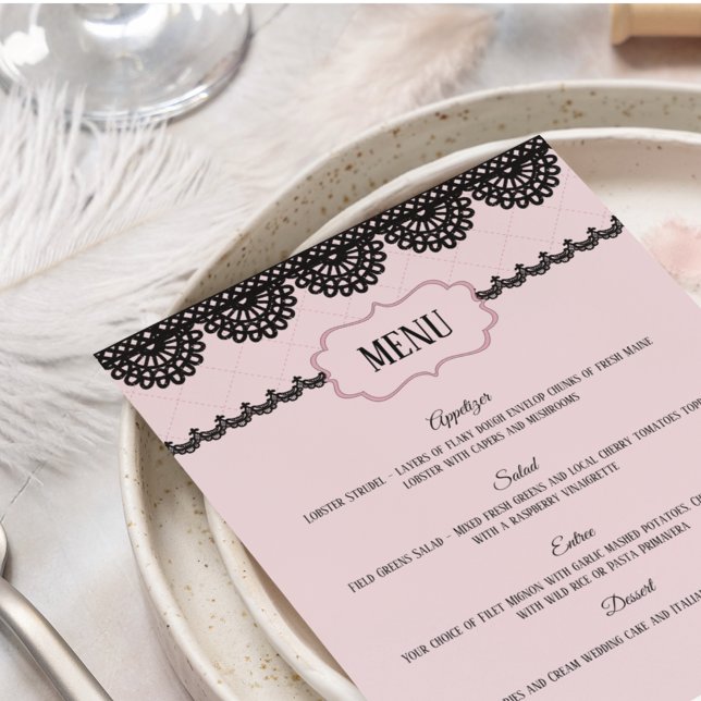 Black Lace on Soft Pink Custom Wedding Menu (Creator Uploaded)