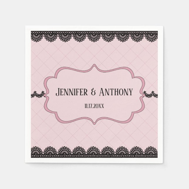 Black Lace on Soft Pink Custom Wedding Napkin (Front)