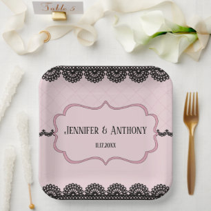 Black Lace on Soft Pink Custom Wedding Paper Plate