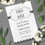 Black Lace on White Custom Save the Date Invitation<br><div class="desc">These wedding save the dates are easy to customise with all of your details. My black lace illustrations are set against a white background. Your names and event details appear in a stately serif font. The black typography matches the lace graphics.</div>