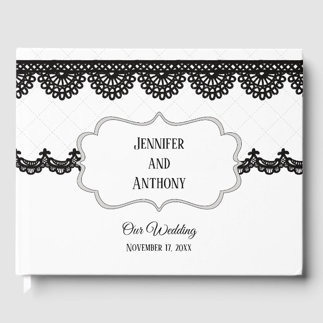 Black Lace on White Custom Wedding Guest Book (Front)