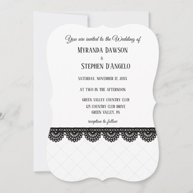 Black Lace on White Custom Wedding Invitation (Front)