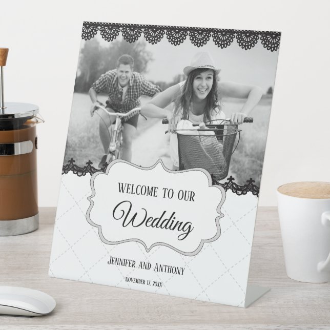 Black Lace on White Custom Wedding Pedestal Sign (In SItu)