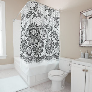Black Lace on White Shower Curtain