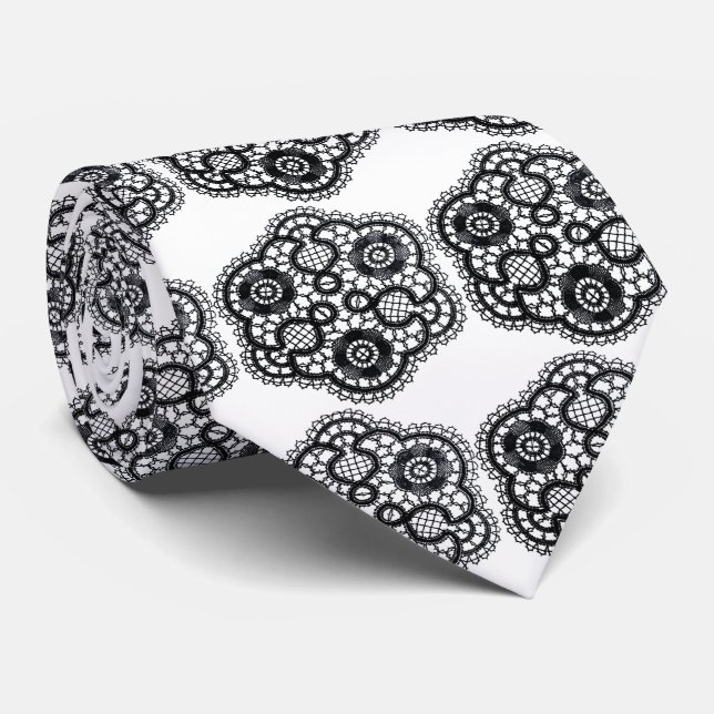 Black Lace on White Wedding Tie (Rolled)