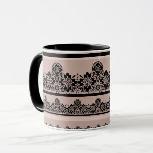 Black lace, openwork, brown background, beige, Bla Mug