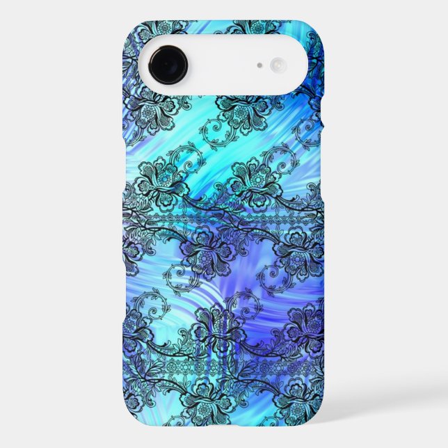 Black Lace over Soft Blue Patterned Glass Case-Mate iPhone Case (Back)