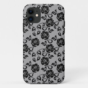 Black lace pattern on white background iPhone 11 case