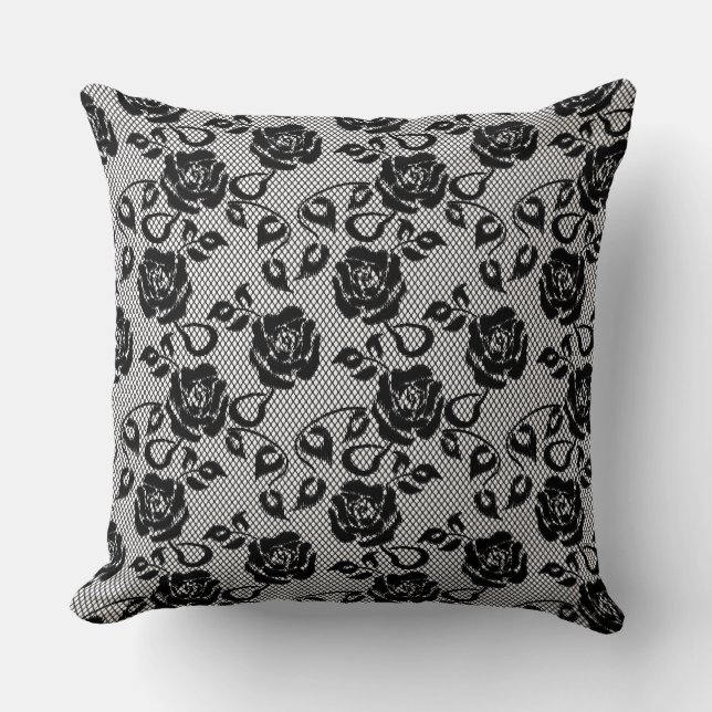 Black lace pattern on white background cushion (Front)